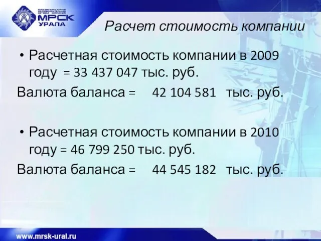 Расчет стоимость компании Расчетная стоимость компании в 2009 году = 33