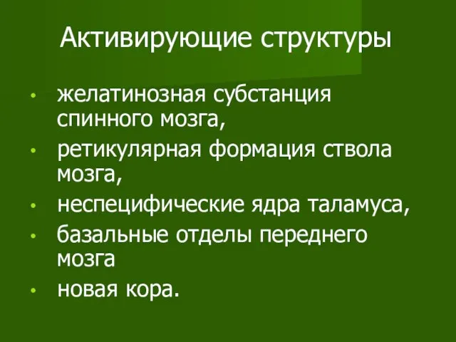 Активирующие структуры желатинозная субстанция спинного мозга, ретикулярная формация ствола мозга, неспецифические