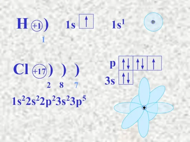 Cl +17 ) ) ) 2 8 7 1s22s22p23s23p5 H +1 ) 1
