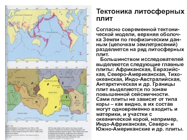 Тектоника литосферных плит Согласно современной тектони-ческой модели, верхняя оболоч-ка Земли по