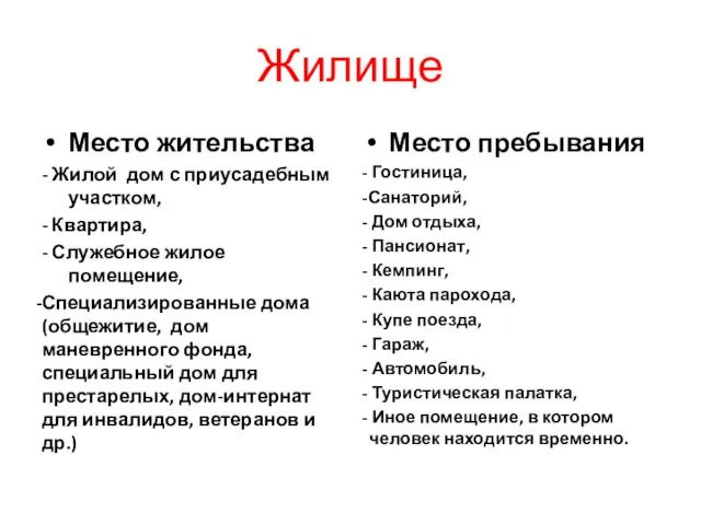 Жилище Место жительства - Жилой дом с приусадебным участком, - Квартира,