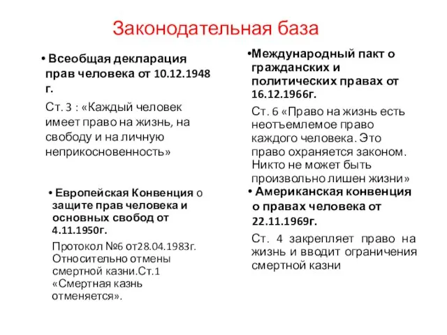 Законодательная база Всеобщая декларация прав человека от 10.12.1948г. Ст. 3 :