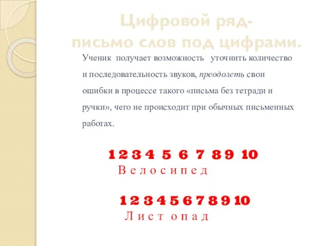 Цифровой ряд- письмо слов под цифрами. Ученик получает возможность уточнить количество