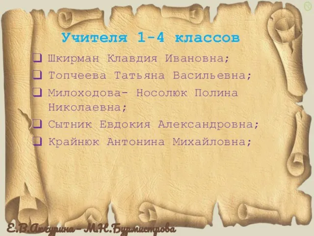 Учителя 1-4 классов Шкирман Клавдия Ивановна; Топчеева Татьяна Васильевна; Милоходова- Носолюк