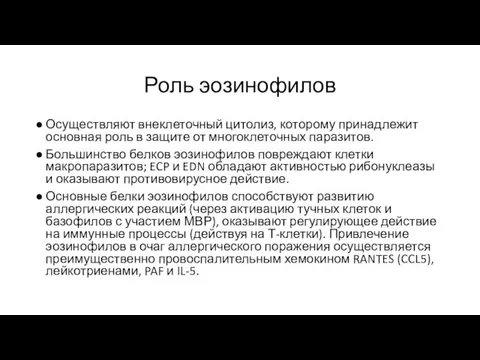 Роль эозинофилов Осуществляют внеклеточный цитолиз, которому принадлежит основная роль в защите