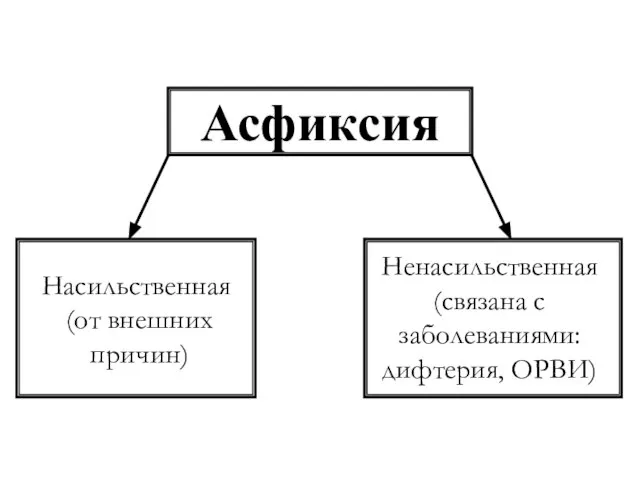 Асфиксия Насильственная (от внешних причин) Ненасильственная (связана с заболеваниями: дифтерия, ОРВИ)