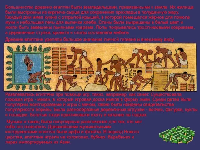 Большинство древних египтян были земледельцами, привязанными к земле. Их жилища были