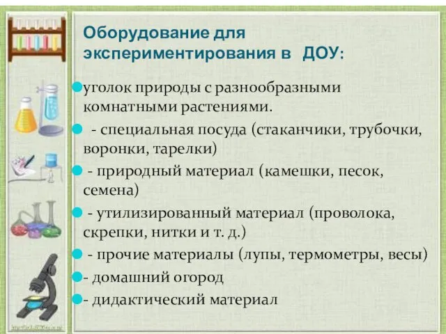 Оборудование для экспериментирования в ДОУ: уголок природы с разнообразными комнатными растениями.