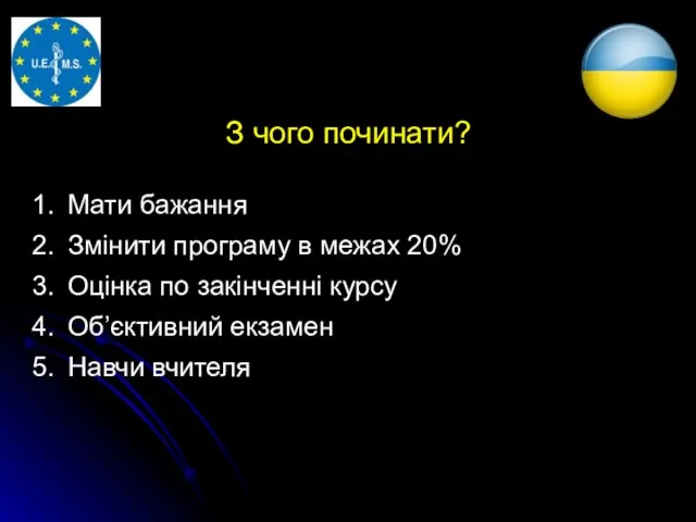 З чого починати? Мати бажання Змінити програму в межах 20% Оцінка