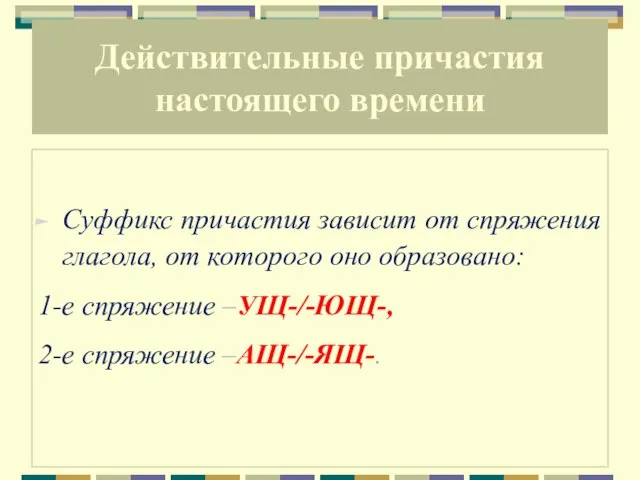 Действительные причастия настоящего времени Суффикс причастия зависит от спряжения глагола, от