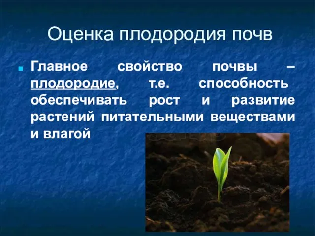 Оценка плодородия почв Главное свойство почвы – плодородие, т.е. способность обеспечивать