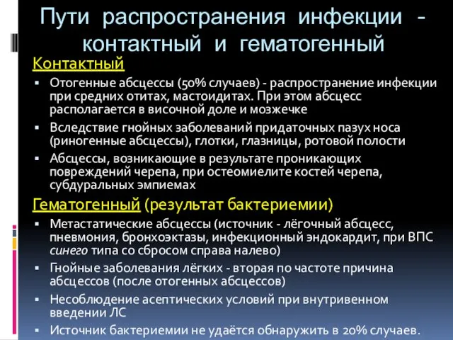 Пути распространения инфекции - контактный и гематогенный Контактный Отогенные абсцессы (50%