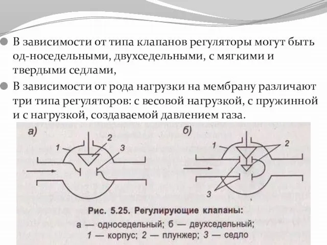 В зависимости от типа клапанов регуляторы могут быть од-носедельными, двухседельными, с