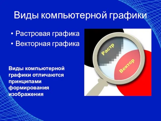 Виды компьютерной графики Растровая графика Векторная графика Виды компьютерной графики отличаются принципами формирования изображения