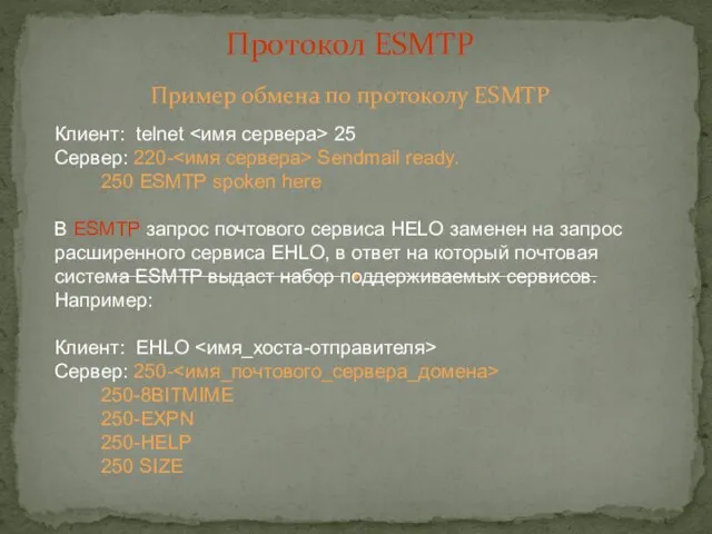 Пример обмена по протоколу ESMTP Протокол ESMTP Клиент: telnet 25 Сервер: