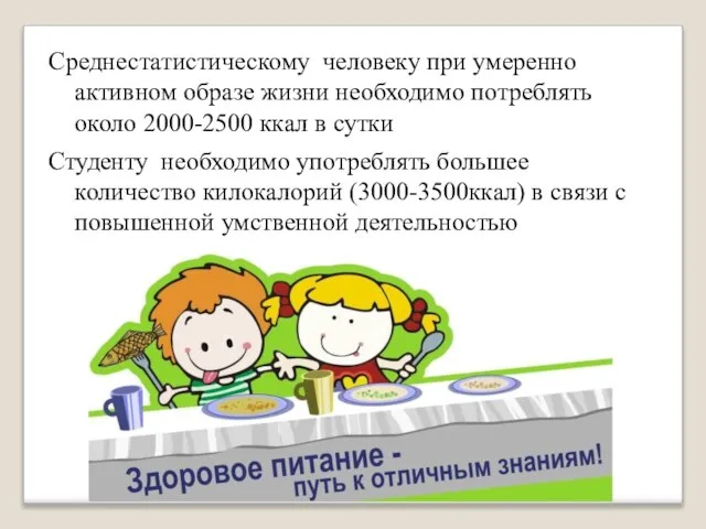 Среднестатистическому человеку при умеренно активном образе жизни необходимо потреблять около 2000-2500