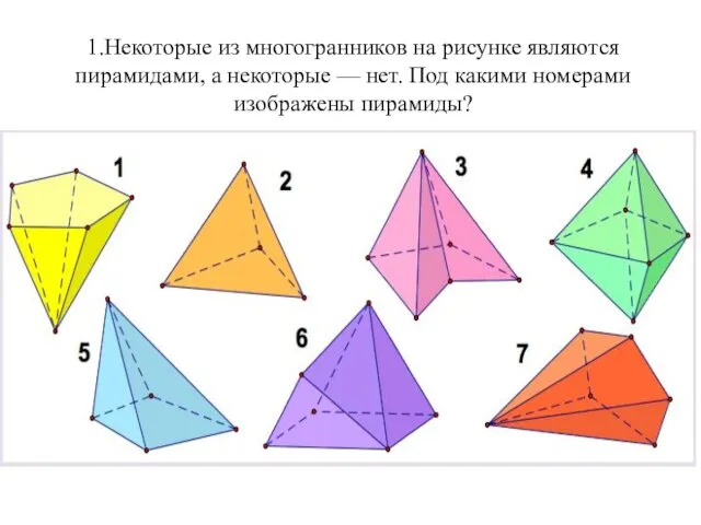 1.Некоторые из многогранников на рисунке являются пирамидами, а некоторые — нет. Под какими номерами изображены пирамиды?