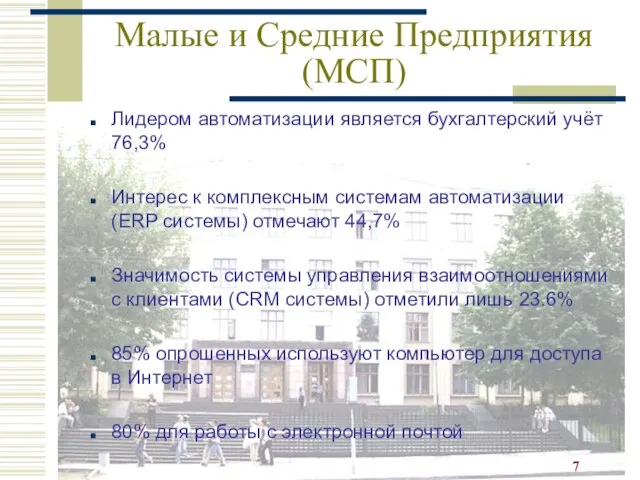 Малые и Средние Предприятия (МСП) Лидером автоматизации является бухгалтерский учёт 76,3%