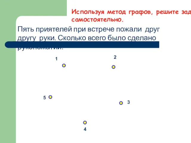 Используя метод графов, решите задачу самостоятельно. Пять приятелей при встрече пожали