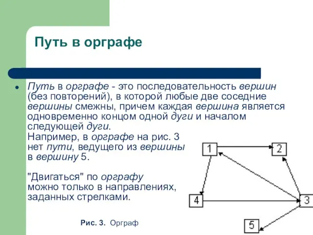 Путь в орграфе Путь в орграфе - это последовательность вершин (без