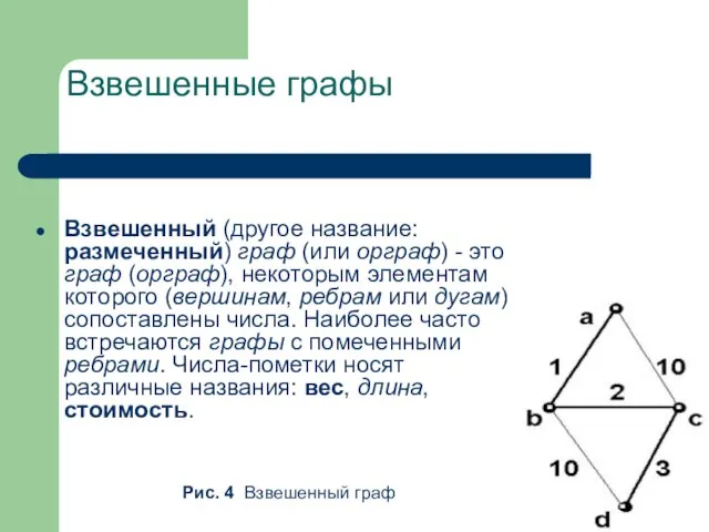 Взвешенные графы Взвешенный (другое название: размеченный) граф (или орграф) - это