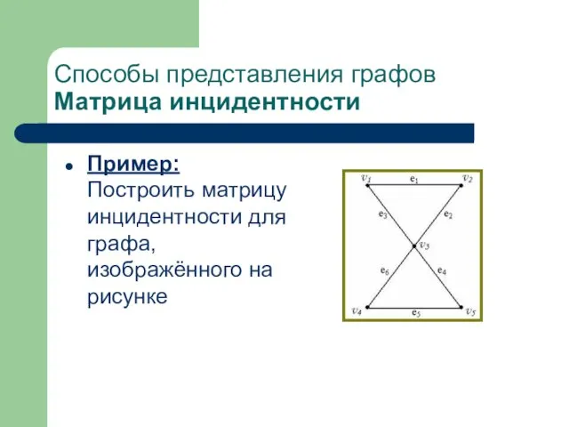 Пример: Построить матрицу инцидентности для графа, изображённого на рисунке Способы представления графов Матрица инцидентности