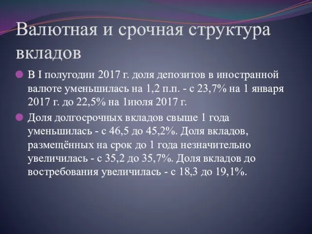 Валютная и срочная структура вкладов В I полугодии 2017 г. доля