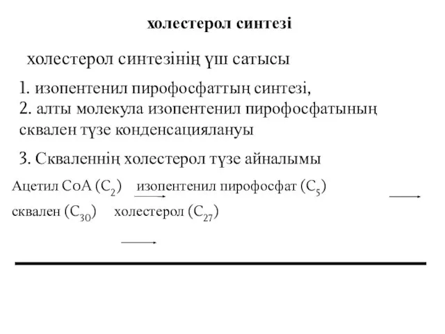 холестерол синтезі холестерол синтезінің үш сатысы 1. изопентенил пирофосфаттың синтезі, 2.