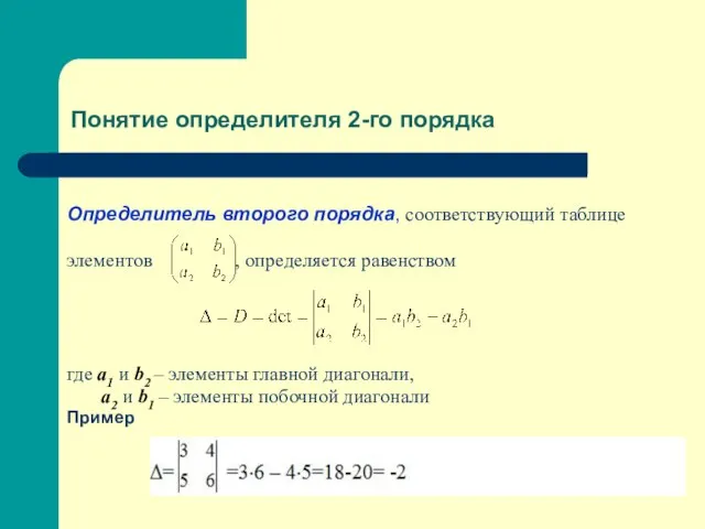 Понятие определителя 2-го порядка Определитель второго порядка, соответствующий таблице элементов ,