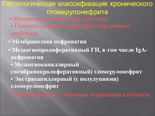 Гистологическая классификация хронического гломерулонефрита • Минимальные изменения клубочков • Гломерулонефрит с