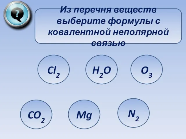 Из перечня веществ выберите формулы с ковалентной неполярной связью Cl2 CO2 Mg H2O O3 N2