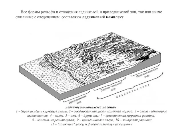 Принципиальная схема распрделения форм рельефа и отложений ледникового комплекса по зонам: