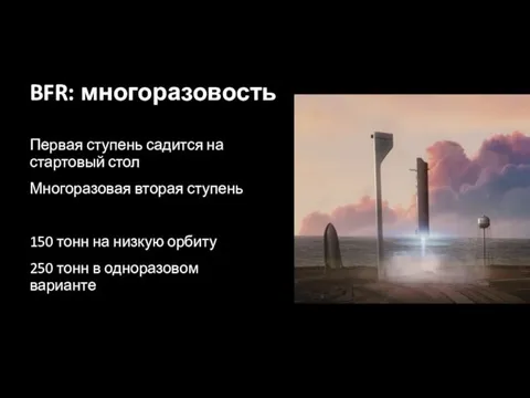 BFR: многоразовость Первая ступень садится на стартовый стол Многоразовая вторая ступень