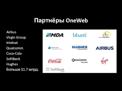 Airbus Virgin Group Intelsat Qualcomm Coca-Cola SoftBank Hughes Больше $1.7 млрд. Партнёры OneWeb