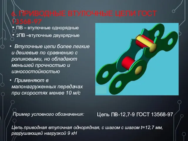 6. ПРИВОДНЫЕ ВТУЛОЧНЫЕ ЦЕПИ ГОСТ 13568-97 ПВ – втулочные однорядные 2ПВ