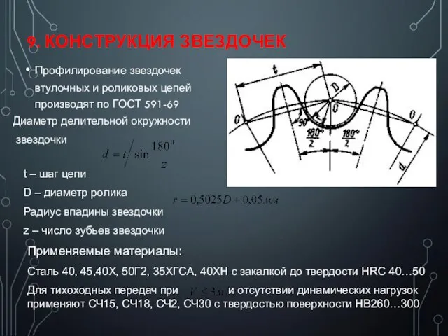 9. КОНСТРУКЦИЯ ЗВЕЗДОЧЕК Профилирование звездочек втулочных и роликовых цепей производят по