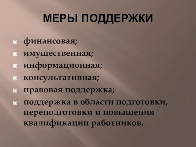 МЕРЫ ПОДДЕРЖКИ финансовая; имущественная; информационная; консультативная; правовая поддержка; поддержка в области