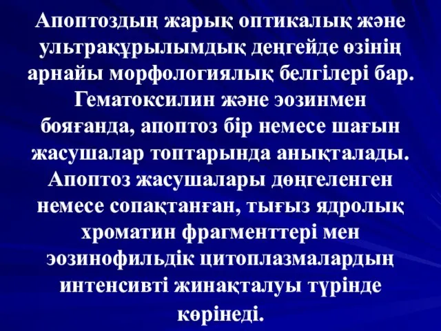 Апоптоздың жарық оптикалық және ультрақұрылымдық деңгейде өзінің арнайы морфологиялық белгілері бар.