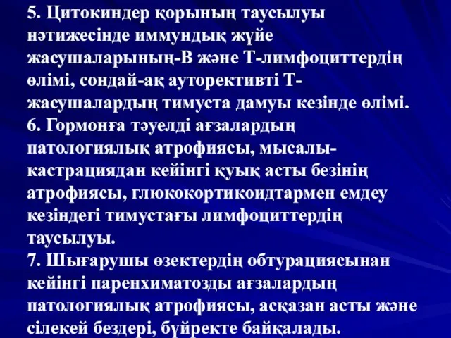 5. Цитокиндер қорының таусылуы нәтижесінде иммундық жүйе жасушаларының-В және Т-лимфоциттердің өлімі,