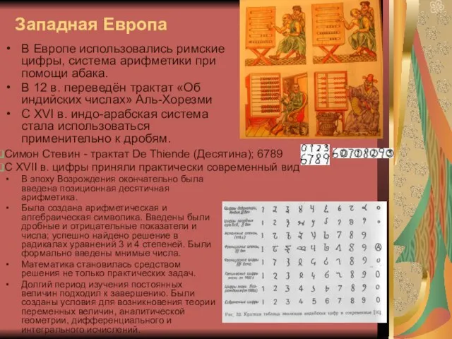 Западная Европа В Европе использовались римские цифры, система арифметики при помощи