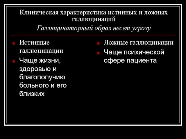 Клиническая характеристика истинных и ложных галлюцинаций Галлюцинаторный образ несет угрозу Истинные