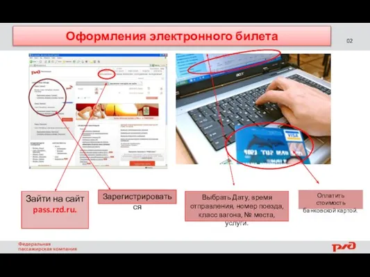 02 Оформления электронного билета Зайти на сайт pass.rzd.ru. Зарегистрироваться Выбрать Дату,