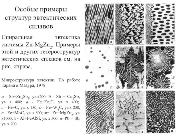 Особые примеры структур эвтектических сплавов Спиральная эвтектика системы Zn-MgZn2. Примеры этой