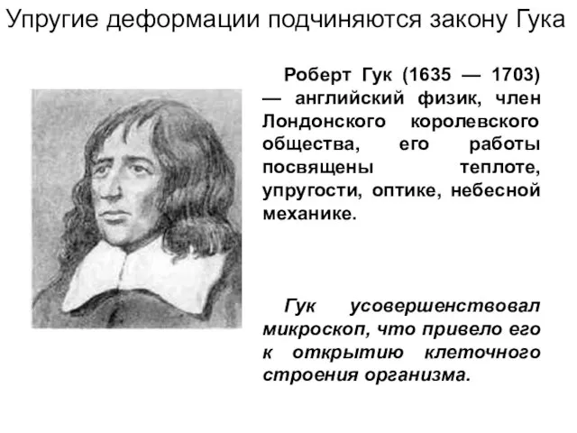 Упругие деформации подчиняются закону Гука Роберт Гук (1635 — 1703) —