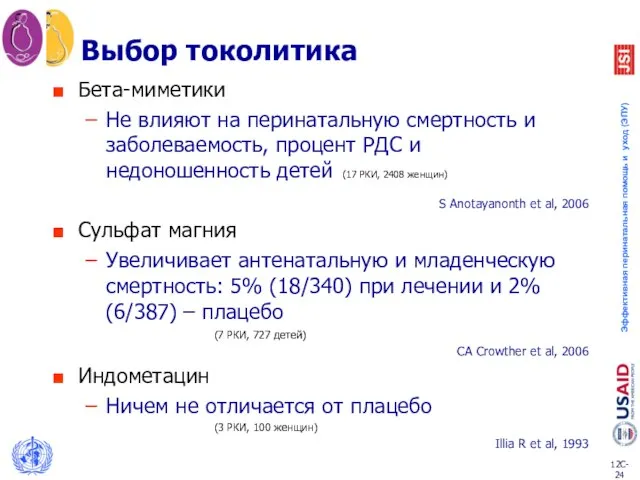 Выбор токолитика Бета-миметики Не влияют на перинатальную смертность и заболеваемость, процент