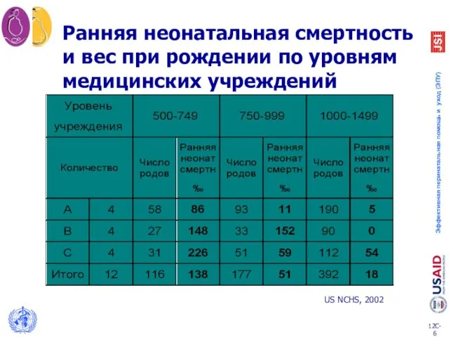 Ранняя неонатальная смертность и вес при рождении по уровням медицинских учреждений US NCHS, 2002