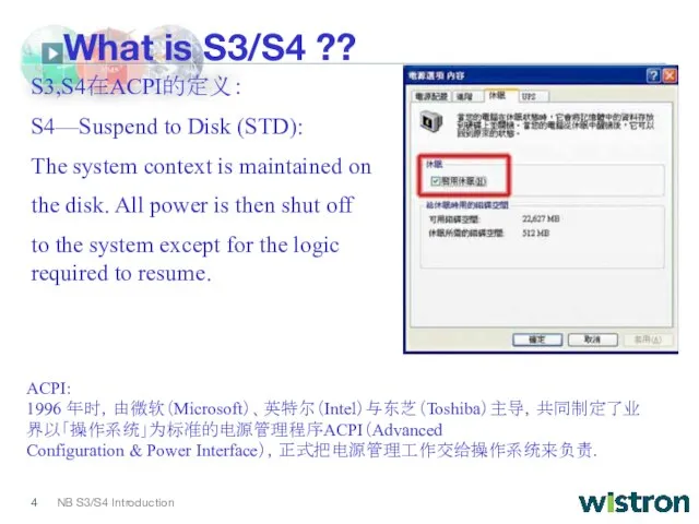 What is S3/S4 ?? ACPI: 1996 年时，由微软（Microsoft）、英特尔（Intel）与东芝（Toshiba）主导，共同制定了业界以「操作系统」为标准的电源管理程序ACPI（Advanced Configuration & Power Interface），正式把电源管理工作交给操作系统来负责.