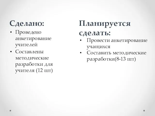 Сделано: Проведено анкетирование учителей Составлены методические разработки для учителя (12 шт)