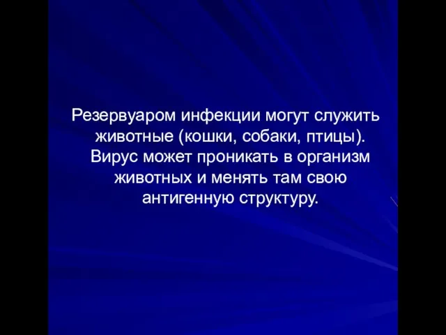 Резервуаром инфекции могут служить животные (кошки, собаки, птицы). Вирус может проникать