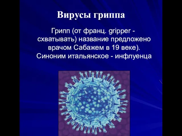 Вирусы гриппа Грипп (от франц. gripper - схватывать) название предложено врачом